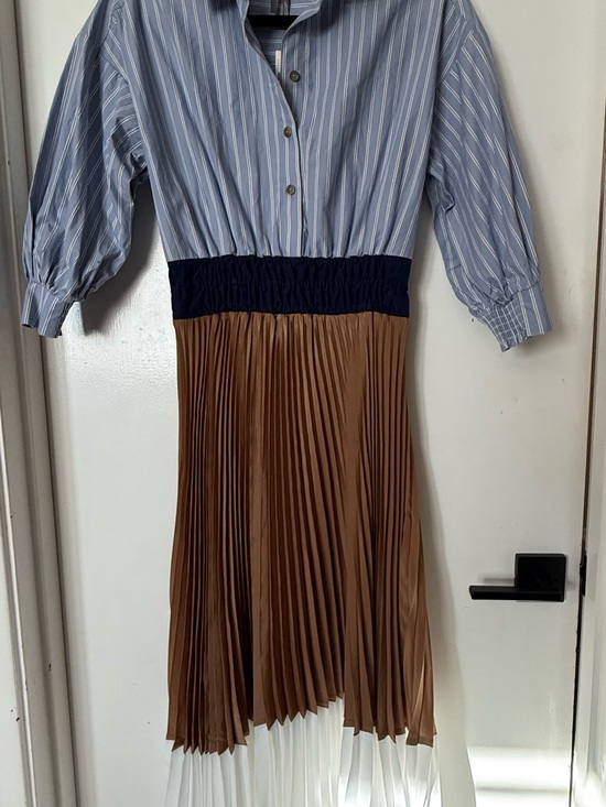 Anthropologie Dresses & Skirts - Anthropologie Striped Blue Shirt Top, Navy Waist, Camel & White pleat skirt